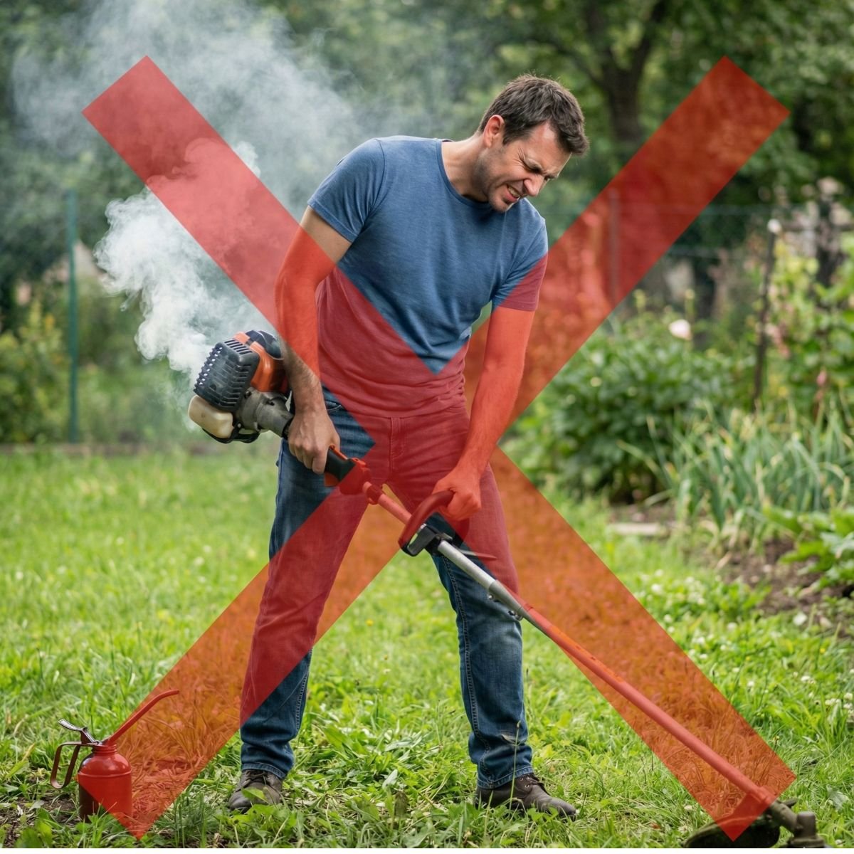 Mężczyzna męczący się z ciężką kosą spalinową