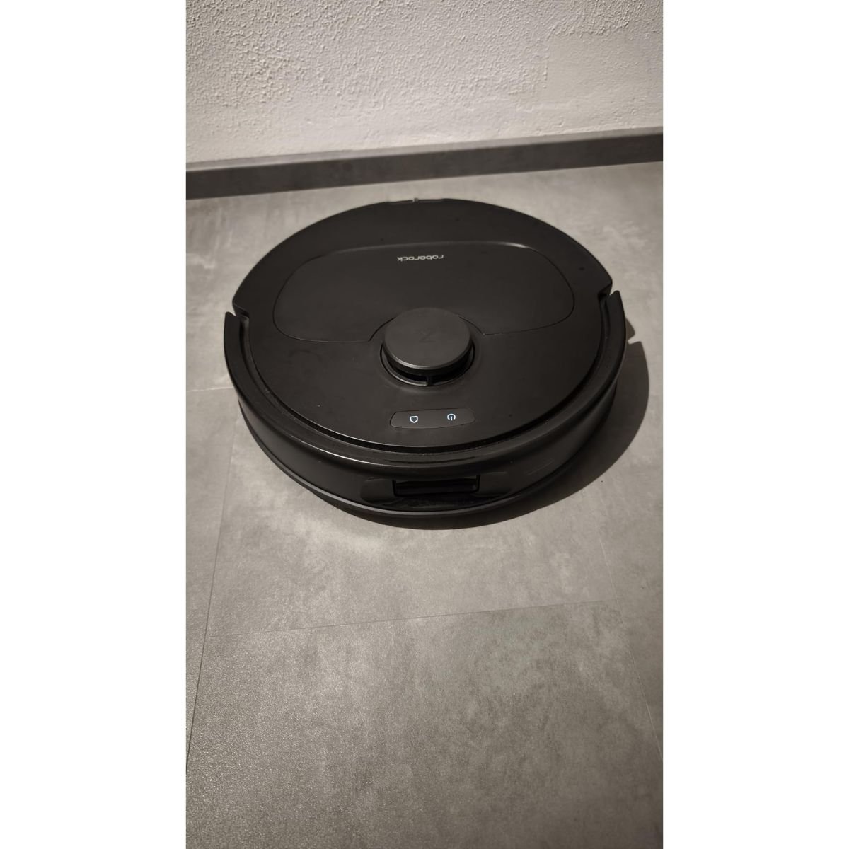 Robot vacuum mopping tiled floor with dog nearby