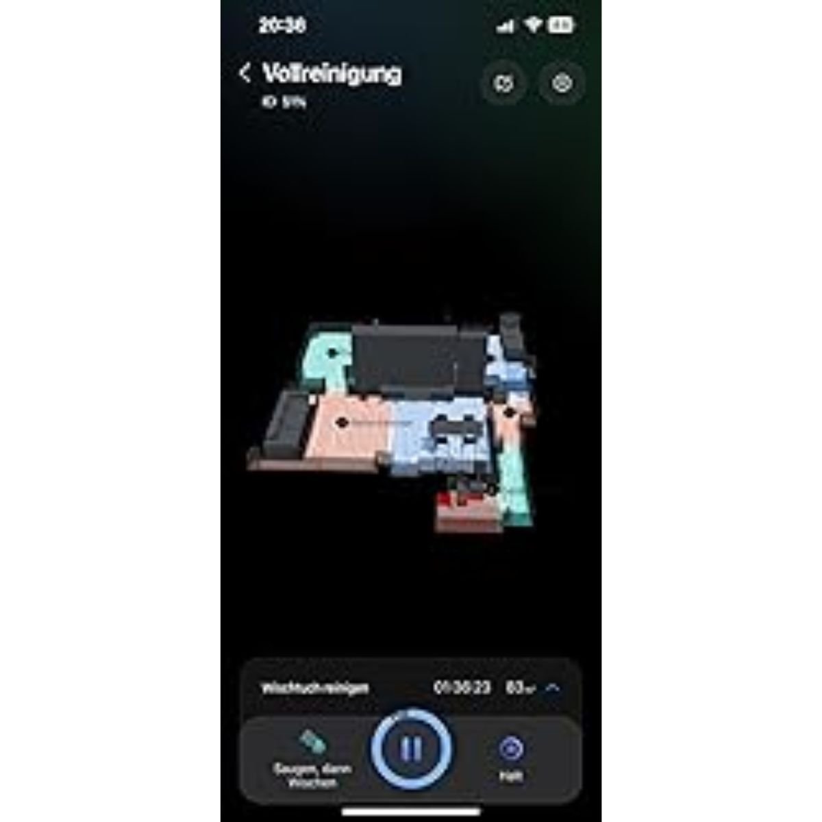 Top view of robot vacuum cleaning a wood floor living room